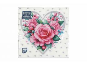 Салфетки 33х33 трехслойные Серебряное сердце с розами  Art Bouquet 20 шт