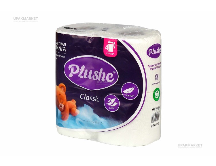 Туалетная бумага PLUSHE Classic/Классическая 2х сл. 18м Белое сплошное (4 рулона в упаковке) — UPAKMARKET