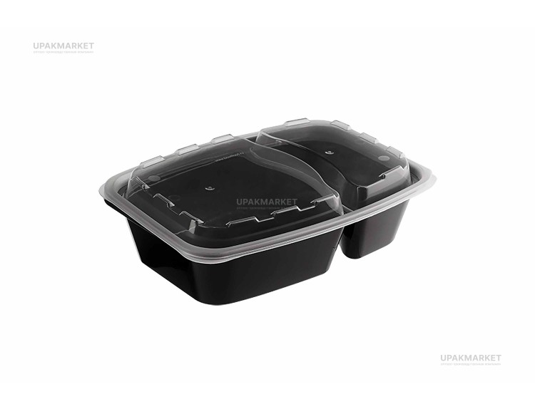 Контейнер 0,83л 211х146х51 2х секц. с крышкой черный ПП ВЗЛП — UPAKMARKET