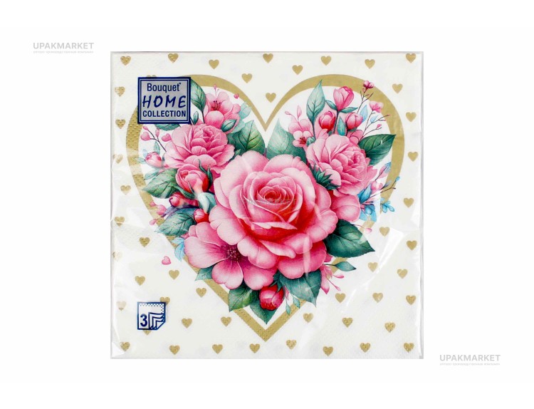 Салфетки 33х33 трехслойные Art Bouquet 20 шт Золотое сердце с розами — UPAKMARKET