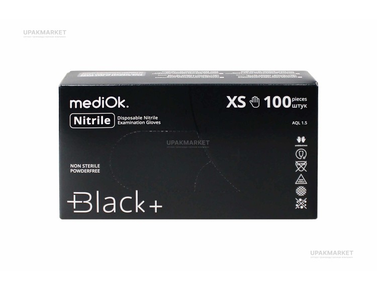 Перчатки нитриловые неопудренные смотровые XS черные 3,5гр (BLACK ) MEDIOK /10х100шт/ — UPAKMARKET