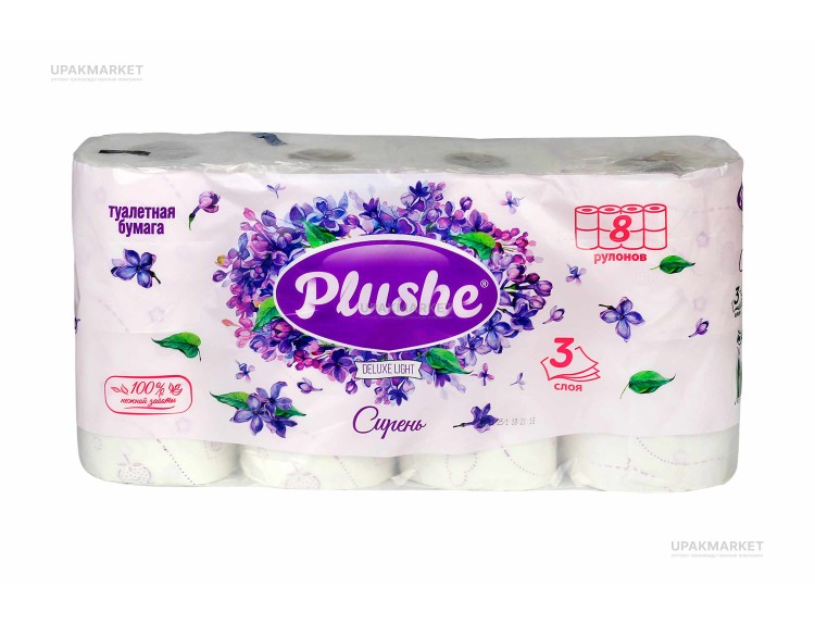 Туалетная бумага PLUSHE Delux Light/Делюкс "Сирень" 3х сл. 15м (8 рулона в упаковке) — UPAKMARKET