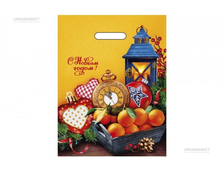 Пакет НГ с вырубной ручкой 31х40см "Мандарины" Интерпак /10уп х 50шт/ — UPAKMARKET