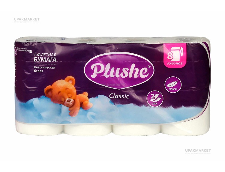 Туалетная бумага PLUSHE Classic/Классическая 2х сл. 18м Белое сплошное (8 рулонов в упаковке) — UPAKMARKET