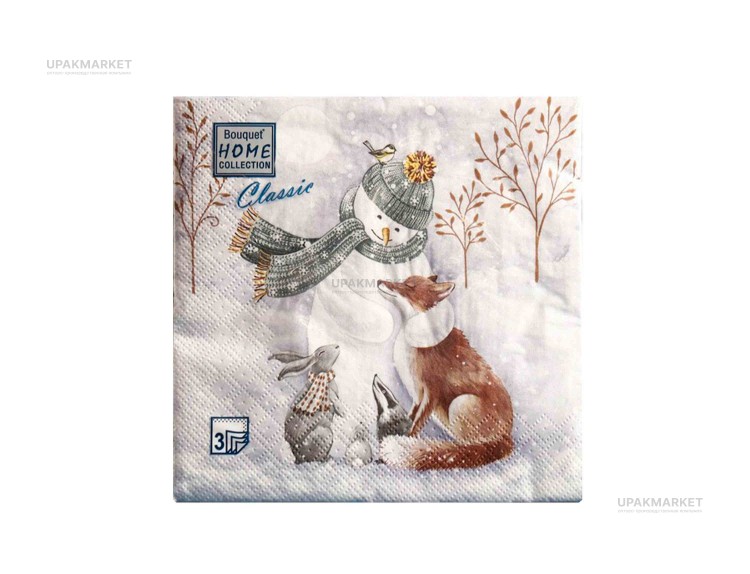 НГ Салфетки 33х33, 20 шт,3 сл. Art Bouquet СНЕГОВИК И ЕГО ДРУЗЬЯ — UPAKMARKET