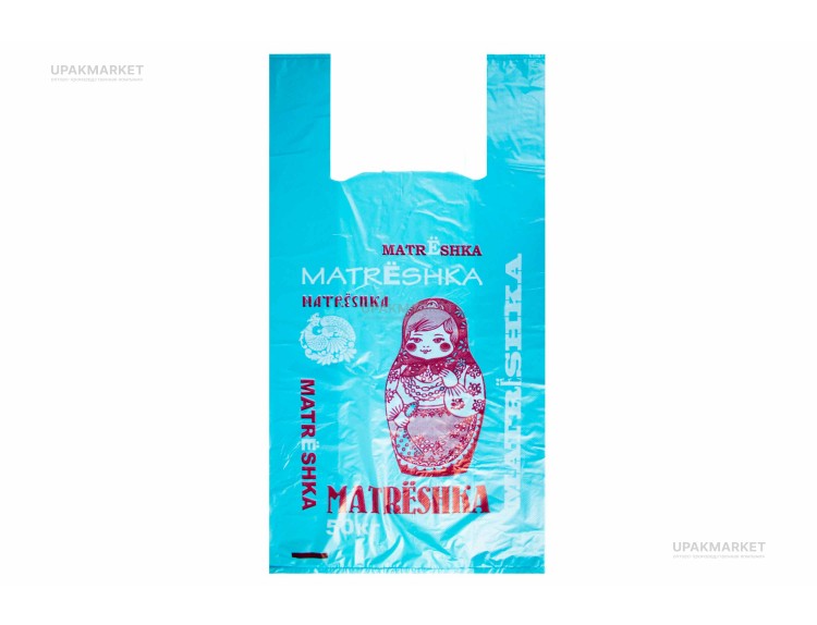 Пакет майка 30х60 "Матрешка" синий/красный 11гр Ольга и К — UPAKMARKET