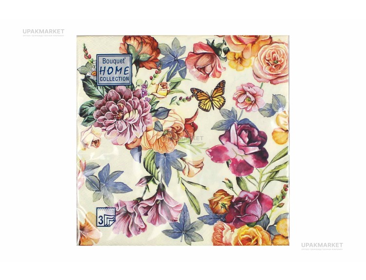 Салфетки 33х33 трехслойные Красивые цветы Кремовый фон Art Bouquet 20 шт — UPAKMARKET