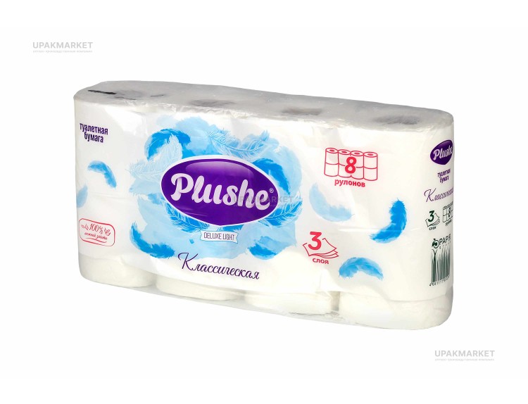 Туалетная бумага PLUSHE Delux Light/Делюкс Классик\Классическая 3х сл. 15м (8 рулона в упаковке) — UPAKMARKET
