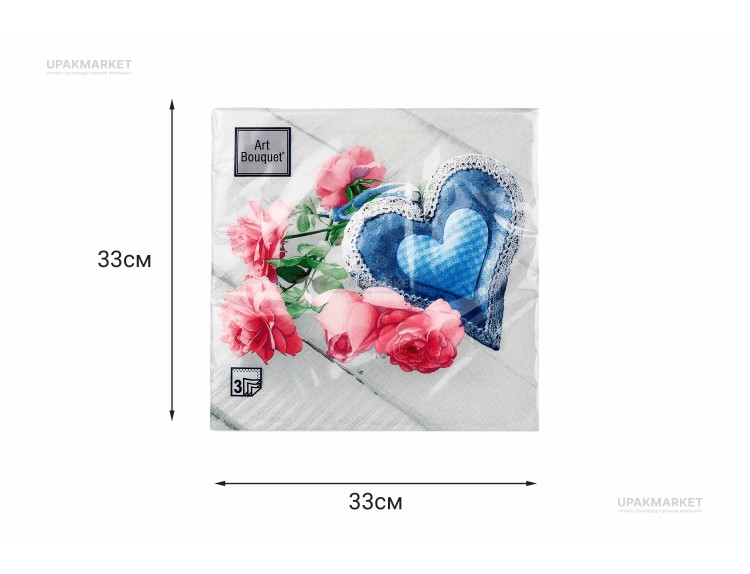 Салфетки 33х33 3 слоя "Сердечко с розами" 20шт Art Bouquet — UPAKMARKET