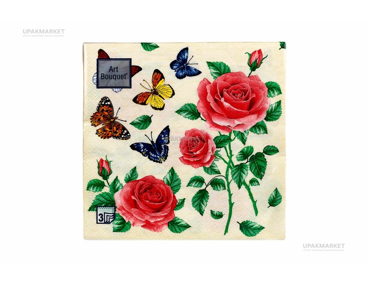 Салфетки 33х33 трехслойные "Бабочки и розы " 20шт Art Bouquet — UPAKMARKET