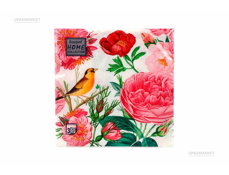 Салфетки 33х33 трехслойные "Розы с птичкой" 20шт Art Bouquet — UPAKMARKET
