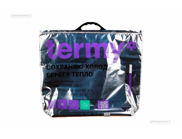 Термопакет Termy STANDART 60х50см Мет/ВПЭ/Мет черная круглая ручка ДНО Терми (30шт) — UPAKMARKET