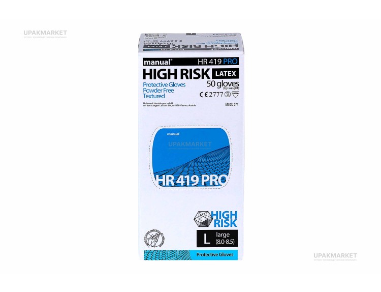 Перчатки латексные HIGH RISK МANUAL HR419 PRO защитные универсальные нестерильные голубые L /10уп х 50шт/ — UPAKMARKET