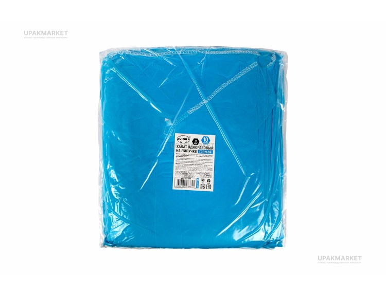 Халат (спанбонд) XXL голубой AVIORA /10уп х 10шт/ на липучке, р.52-56 — UPAKMARKET