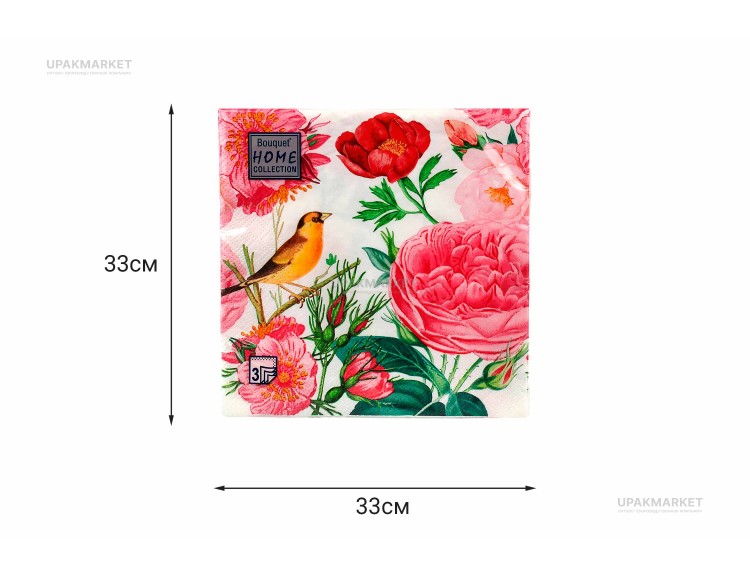 Салфетки 33х33 трехслойные "Розы с птичкой" 20шт Art Bouquet — UPAKMARKET