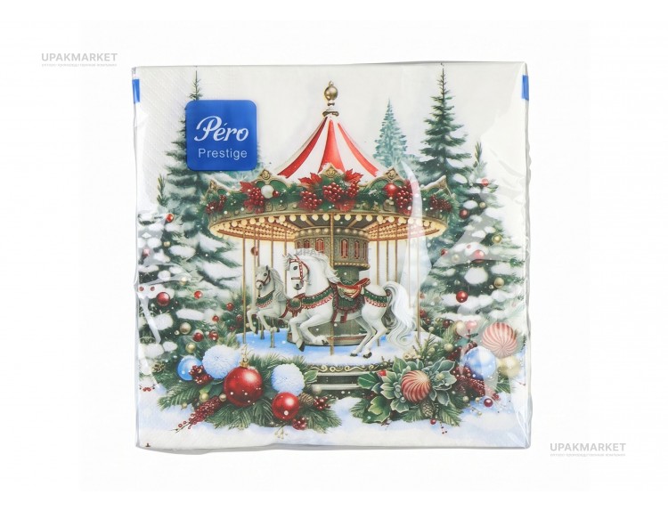 Салфетки 33х33 PERO Prestige, 3-х слойные, 20 листов, СНЕЖНАЯ КАРУСЕЛЬ — UPAKMARKET