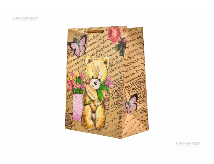 Пакет бумажный подарочный 31х45х19см "Мишки" Крафт 4 цвета — UPAKMARKET