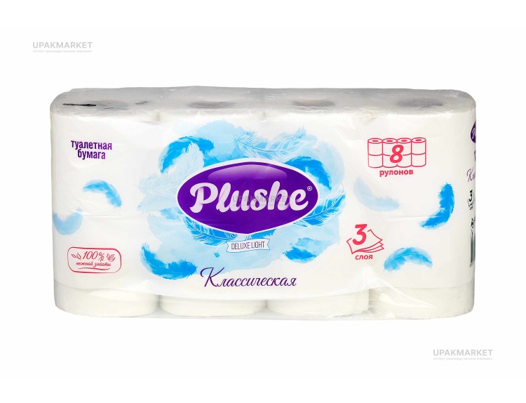 Туалетная бумага PLUSHE Delux Light/Делюкс Классик\Классическая 3х сл. 15м (8 рулона в упаковке) — UPAKMARKET