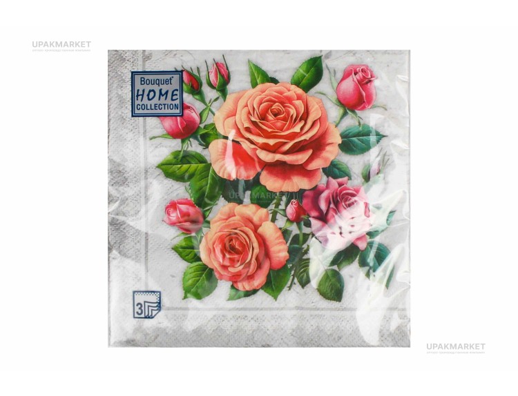 Салфетки 33х33 трехслойные Розы в рамке Серебро Art Bouquet 20 шт — UPAKMARKET