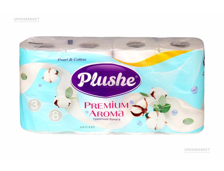 Туалетная бумага PLUSHE Premium Aroma/Премиум Жемчуг и хлопок 3х сл. 16м ароматиризованная (8 рулонов в упаковке) — UPAKMARKET