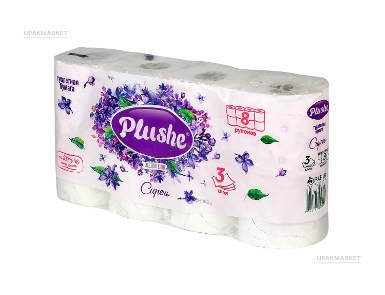 Туалетная бумага PLUSHE Delux Light/Делюкс "Сирень" 3х сл. 15м (8 рулона в упаковке) — UPAKMARKET