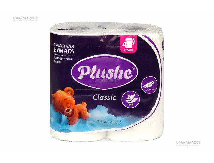 Туалетная бумага PLUSHE Classic/Классическая 2х сл. 18м Белое сплошное (4 рулона в упаковке) — UPAKMARKET