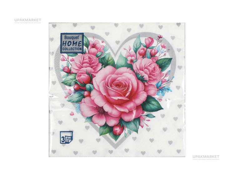 Салфетки 33х33 трехслойные Серебряное сердце с розами  Art Bouquet 20 шт — UPAKMARKET