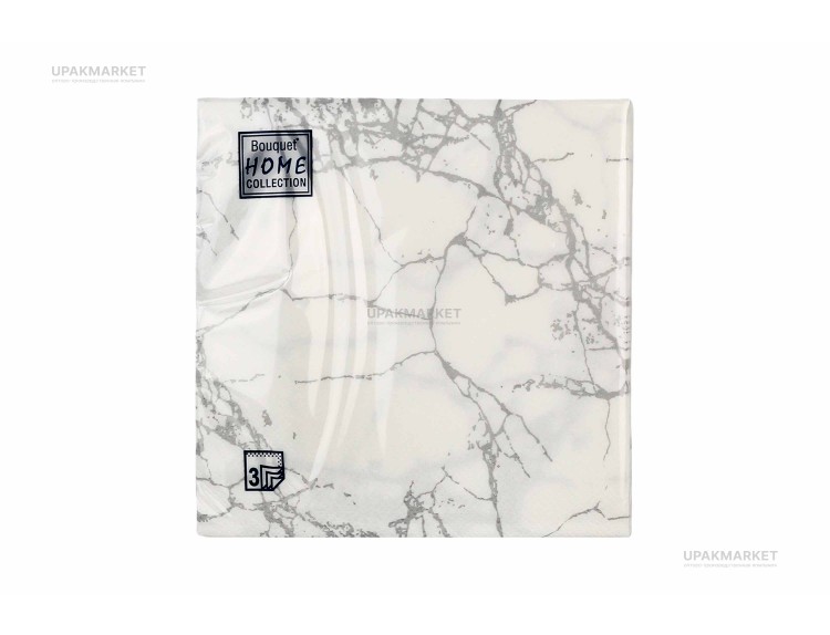 Салфетки 33х33 трехслойные Art Bouquet Мрамор серебро на белом 20 шт — UPAKMARKET