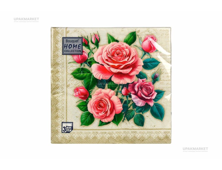 Салфетки 33х33 3 слоя "Розы в рамке Золото" 20шт Art Bouquet — UPAKMARKET