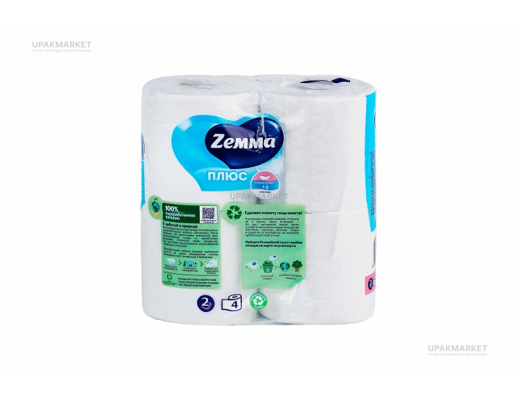 Туалетная бумага ZEMMA Плюс 2слоя Белая 4шт — UPAKMARKET