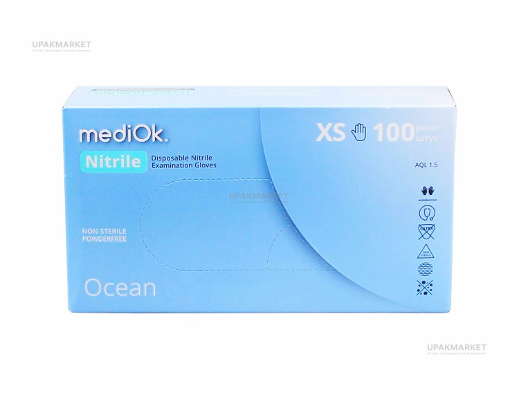 Перчатки нитриловые неопудренные смотровые XS голубые 3,5гр (OCEAN) MEDIOK /10х100шт/ — UPAKMARKET