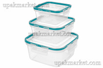 Комплект контейнеров для продуктов герметичных квадратных (0,4л+0,8л+1,5л) с защелками (бесцветный) 16 шт.
